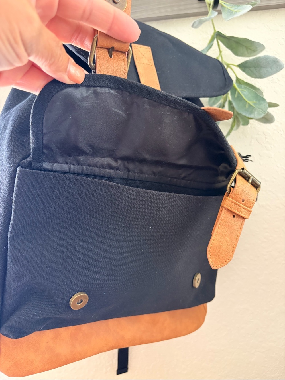 Black XL Canvas Backpack w/Camel Faux Leather Trim Minimalist, School Travel Bag - Picture 3 of 11